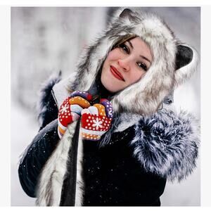 Faux Animal Hoods Headwear Furry Hat Scarf and Mittens Winter Animal